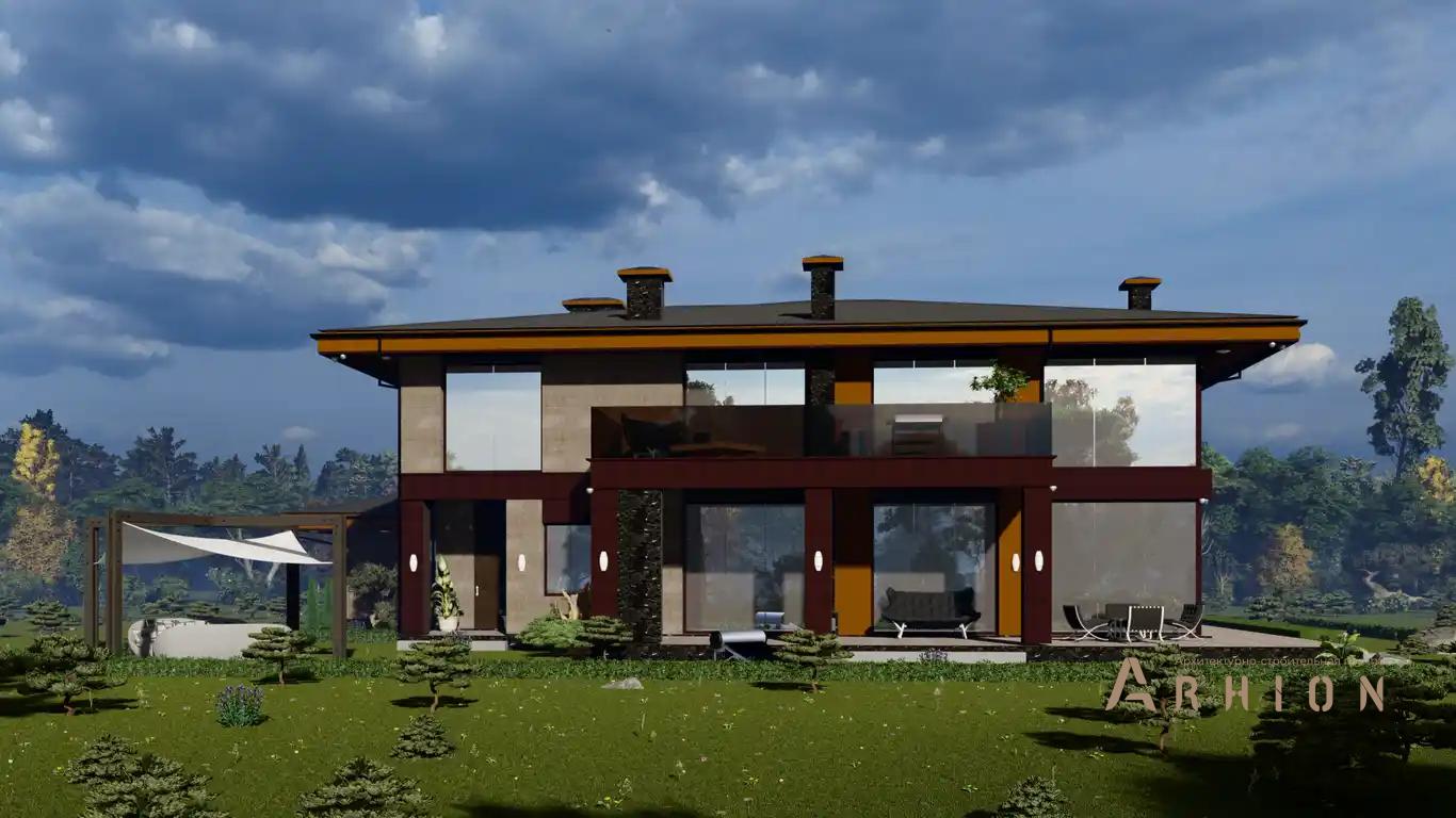 5. Проект двухэтажного дома в современном стиле с четырехскатной, h-1615, площадью - 726 кв c терассой, балконом, гаражом, вторым светом